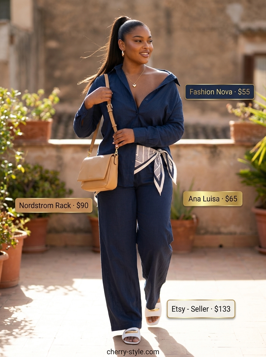 Practical mom outfits summer 2026: Navy linen co-ord set, tan crossbody, white slides, gold necklace.