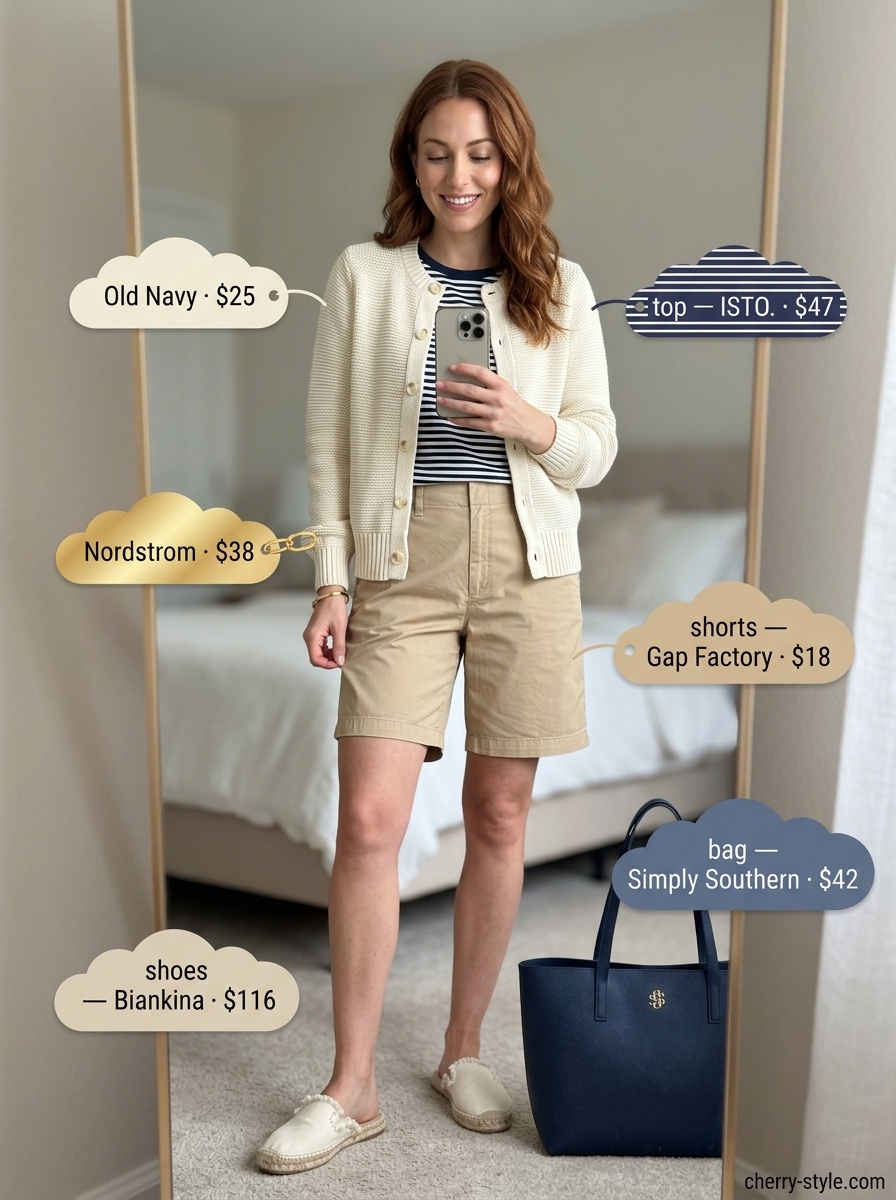 Practical mom outfits summer 2026: Striped tee, beige Bermuda shorts, tote bag, espadrille slides.