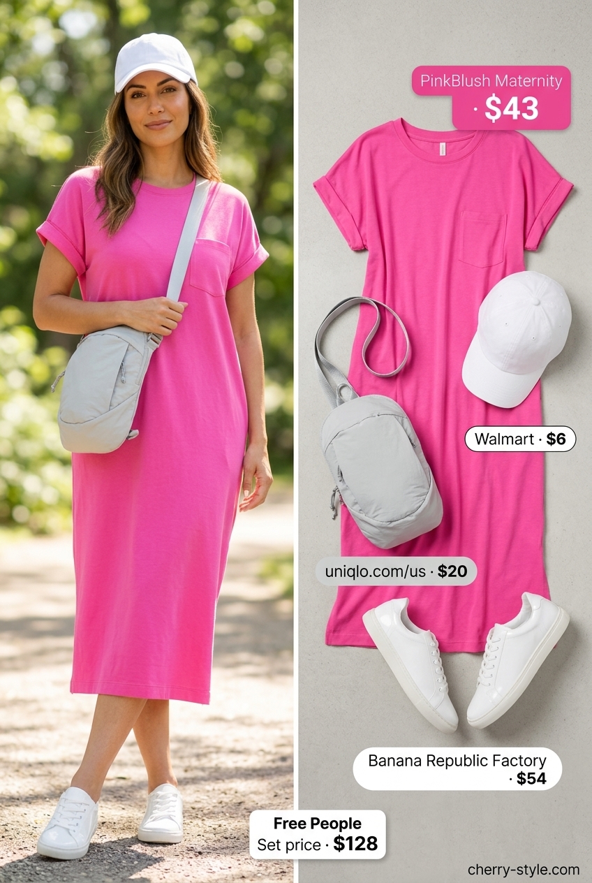 Practical mom outfits summer 2026: Blush pink t-shirt midi dress with sneakers and crossbody bag for park playdates.