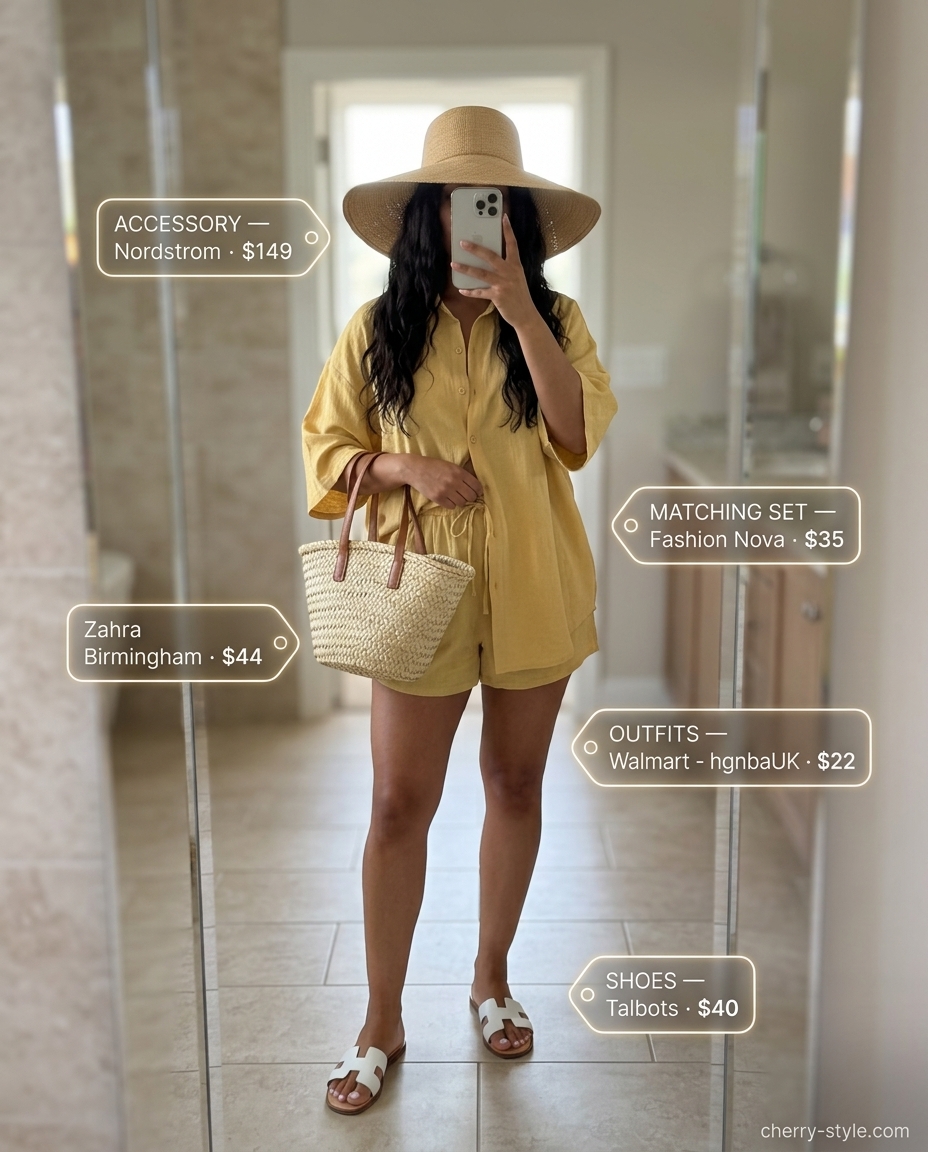 Practical mom outfits summer 2026: Terracotta linen matching set with white slides and straw accessories for poolside relaxation.
