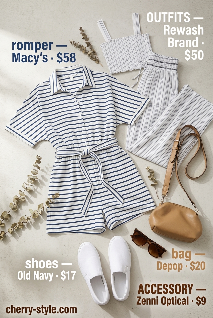 Practical mom outfits summer 2026: Striped romper, white sneakers, small crossbody bag, round sunglasses.
