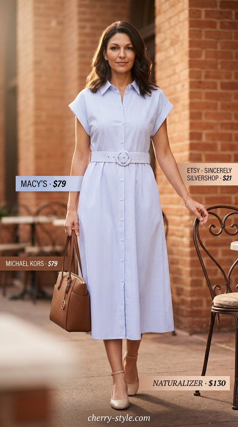 Preppy summer pastel outfits for women 2026: Powder blue striped dress, tan sandals, and tote for office.