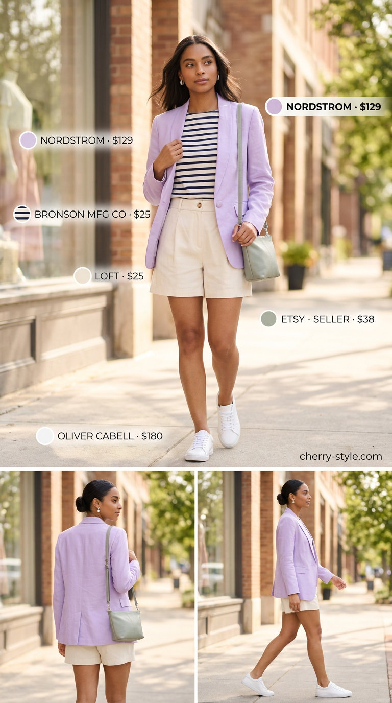 Preppy summer pastel outfit for women 2026: Lilac blazer, white tee, cream shorts, and sneakers for brunch.