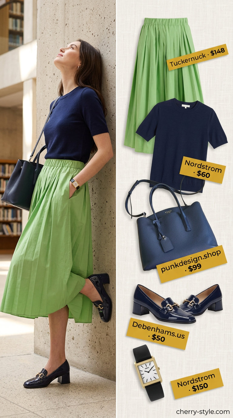 Preppy summer pastel outfits for women 2026: Mint green skirt, navy sweater, loafers, and satchel for library.
