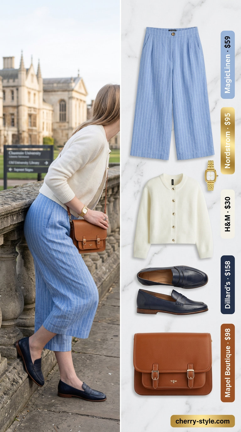 Preppy summer pastel outfits for women 2026: Pinstripe culottes, cream cardigan, loafers, and satchel for campus.