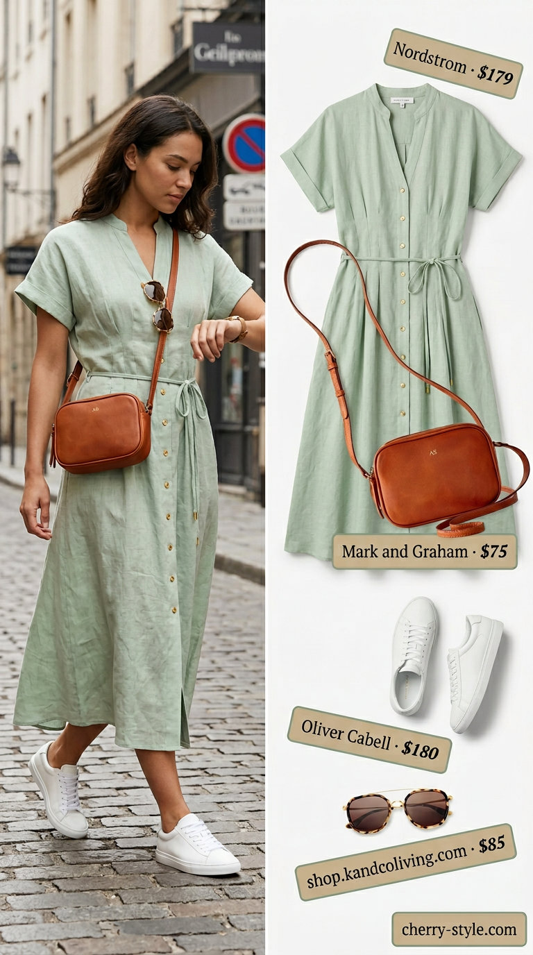 Preppy summer pastel outfits for women 2026: Sage green shirt dress, white sneakers, tan crossbody for city break.