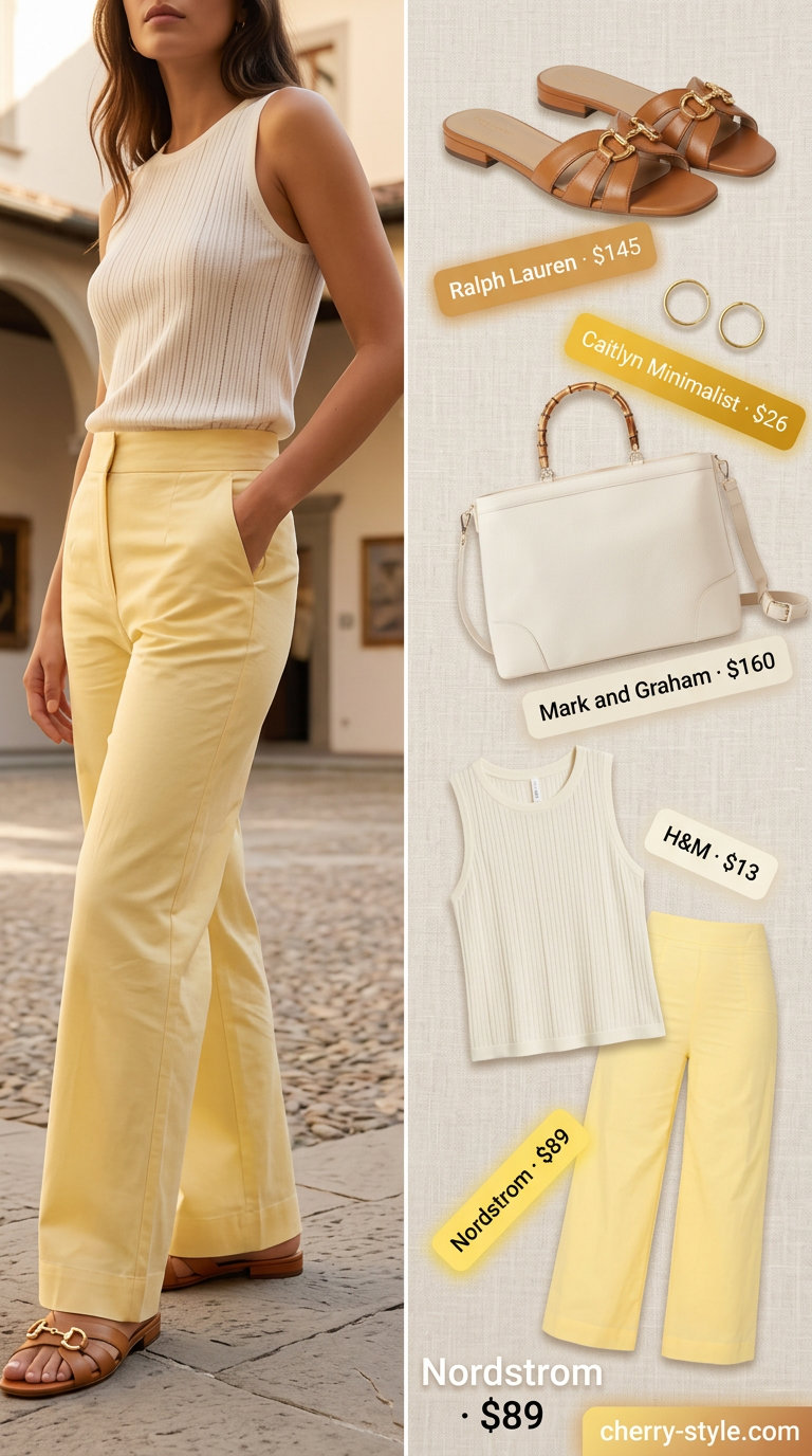 Preppy summer pastel outfits for women 2026: Yellow linen pants, cream tank, raffia bag, and slides for art gallery.