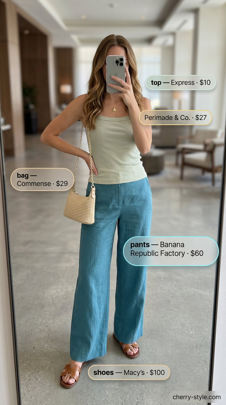 Preppy summer pastel outfits for women 2026: Aqua wide-leg pants, cream tank, gold necklace, straw bag, and leather slides.