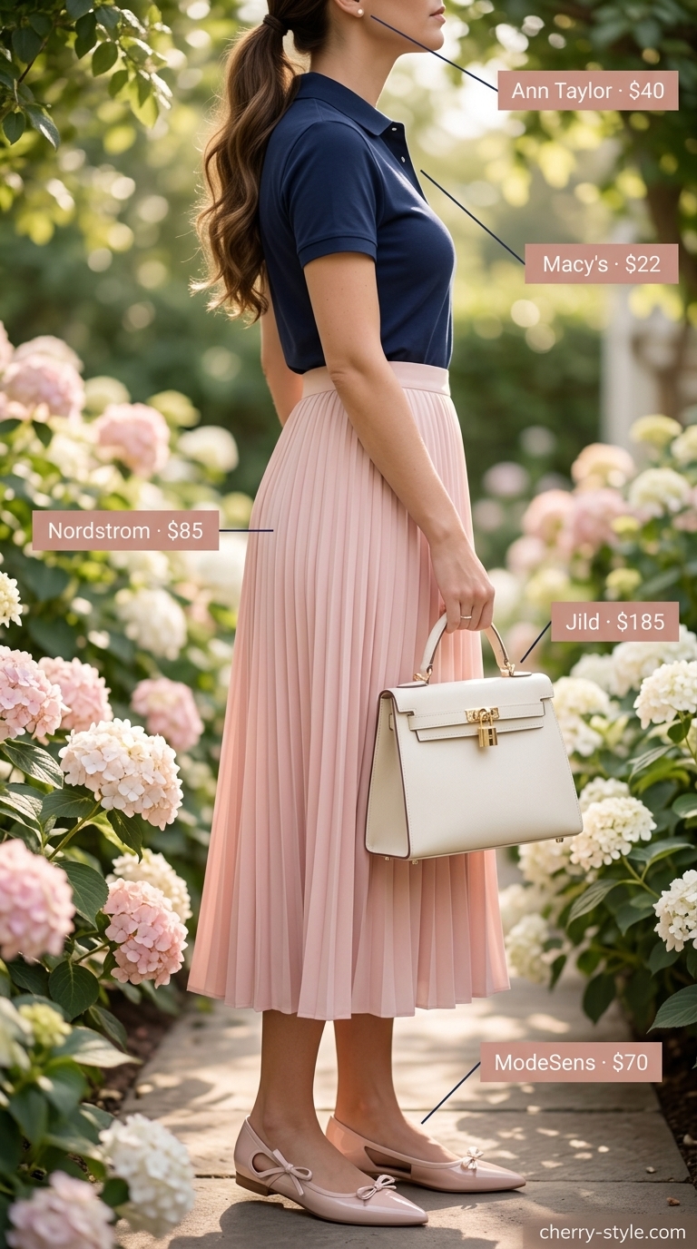 Preppy summer pastel outfits for women 2026: Blush pink midi skirt, navy polo shirt, cream flats, and structured bag for garden brunch.