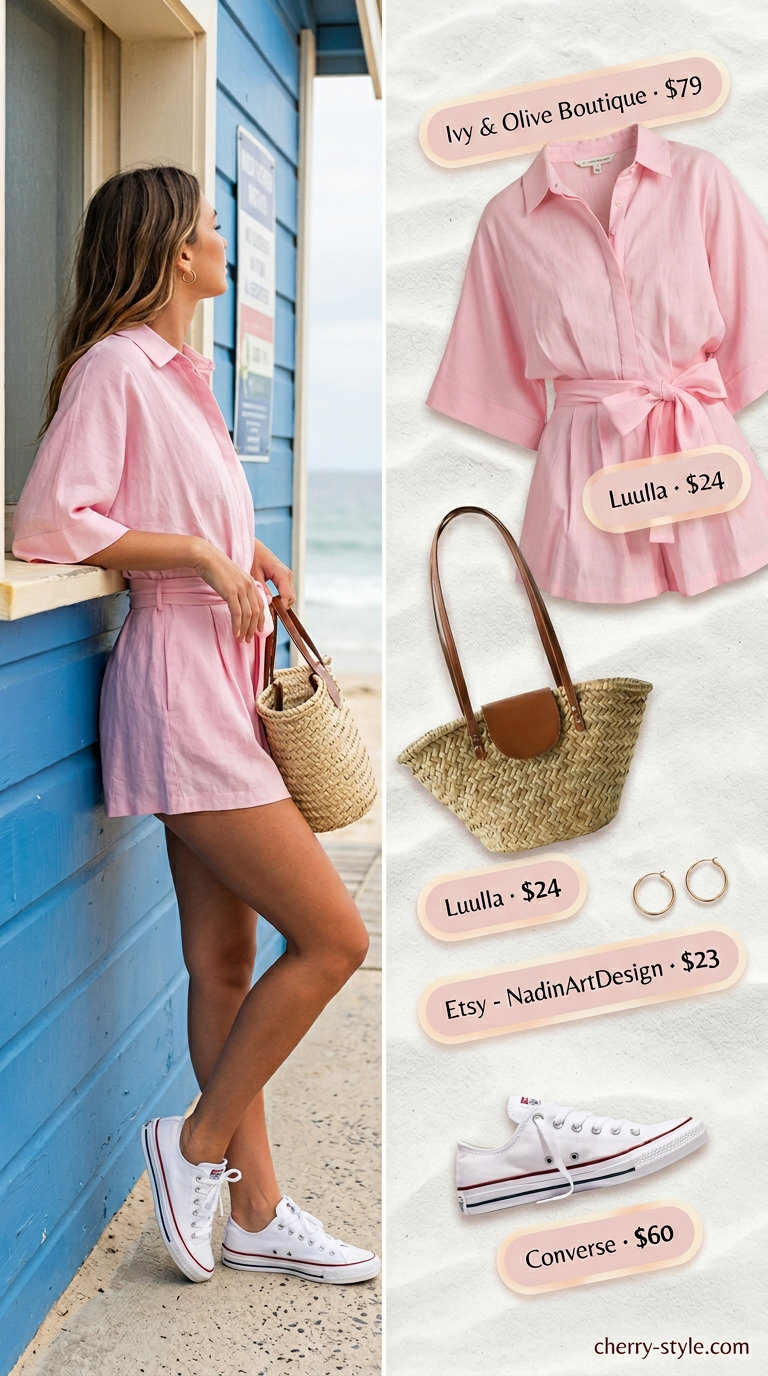 Preppy summer pastel outfits for women 2026: Blush pink linen romper, white cardigan, straw tote, and sneakers for a coastal resort getaway.