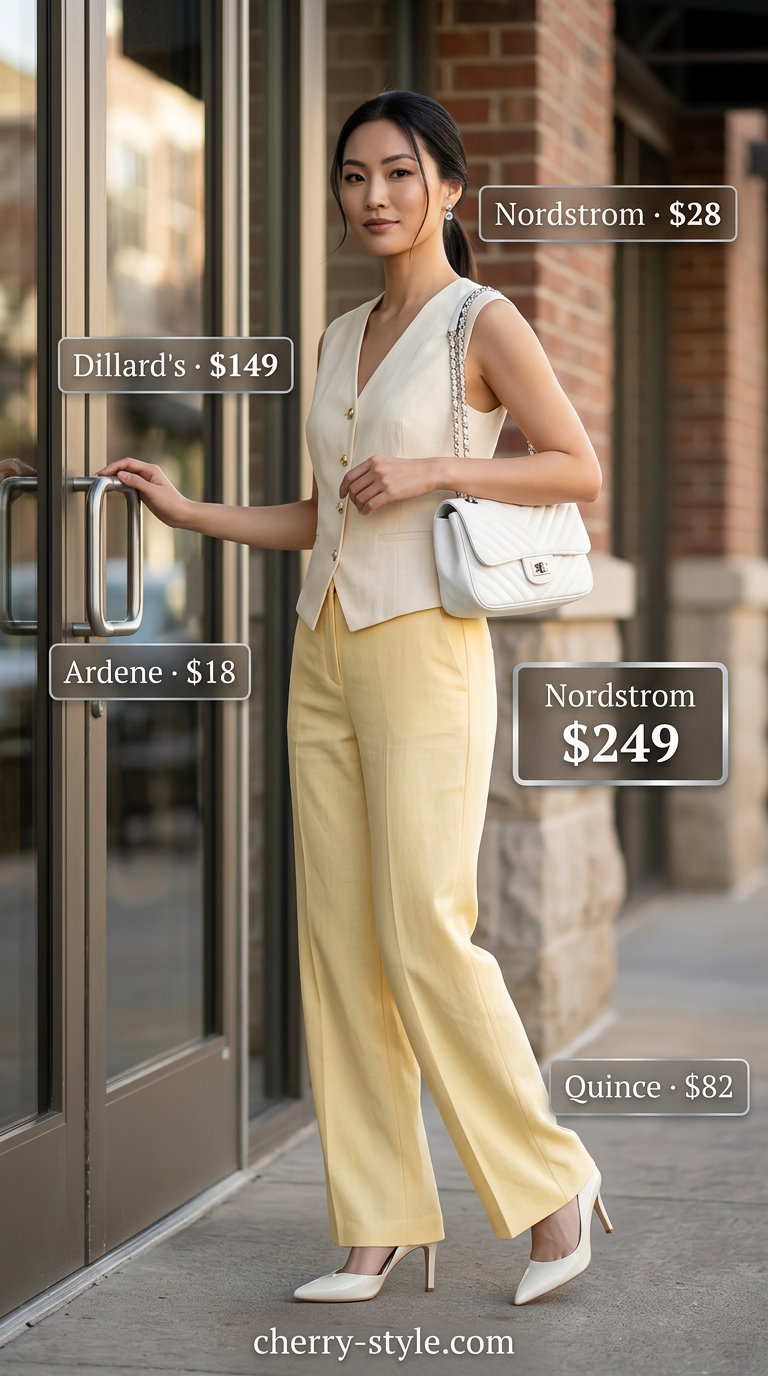 Preppy summer pastel outfits for women 2026: Butter yellow vest worn as top, wide-leg trousers, white mini bag, and pumps for an executive lunch.