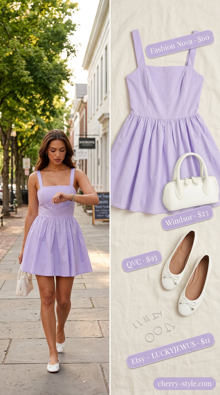 Preppy summer pastel outfits for women 2026: Lavender A-line mini dress, white ballet flats, and top-handle bag for a garden party.