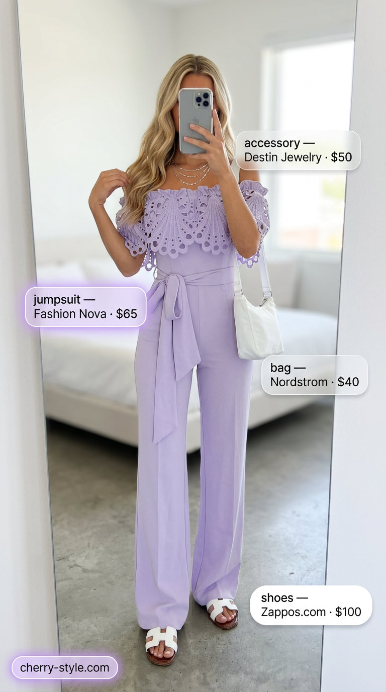 Preppy summer pastel outfits for women 2026: Lavender wide-leg jumpsuit, white slides, silver necklaces, and crossbody bag for a day trip.