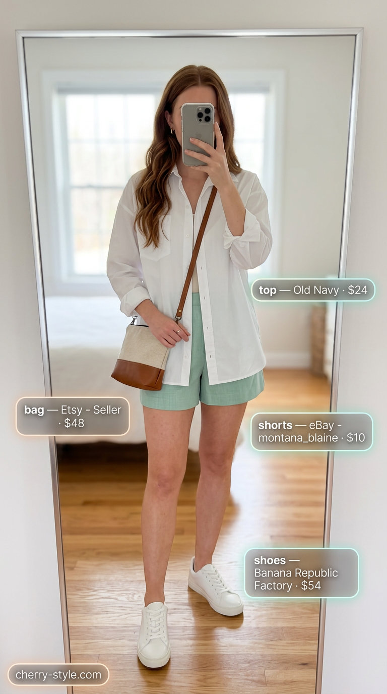 Preppy summer pastel outfits for women 2026: Mint green shorts, oversized white shirt, gold hoops, and canvas sneakers for a casual day out.