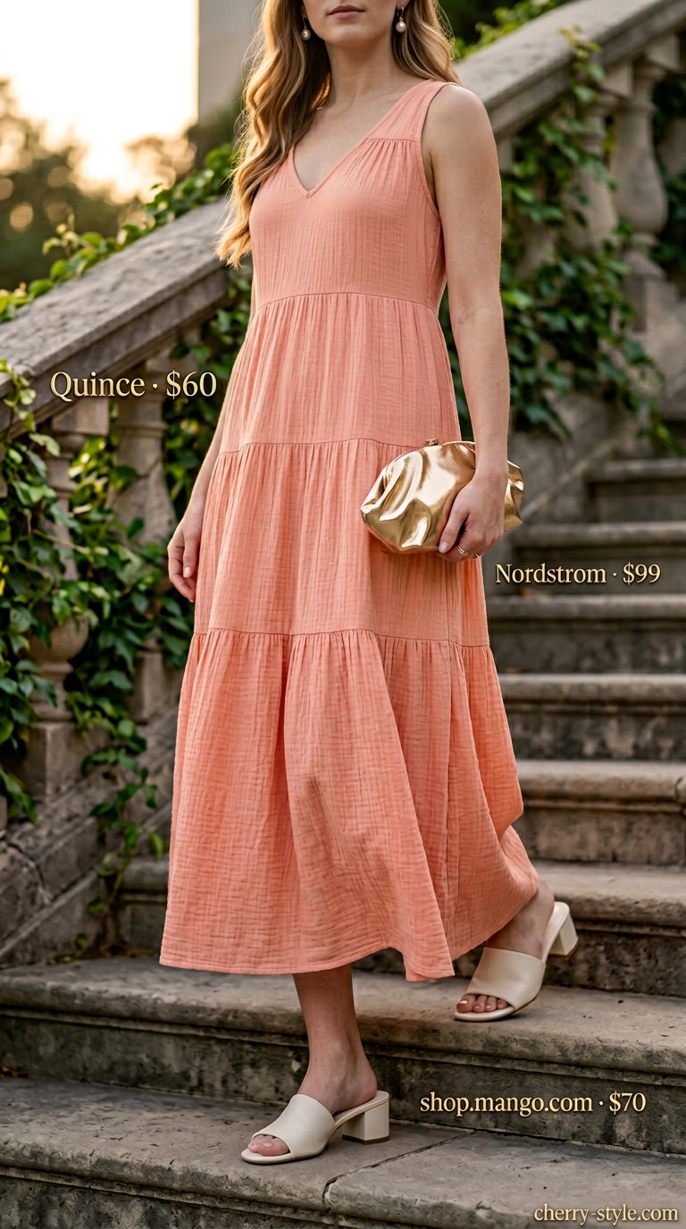 Preppy summer pastel outfits for women 2026: Soft peach chiffon maxi dress, cream sandals, and gold clutch for a summer gala.