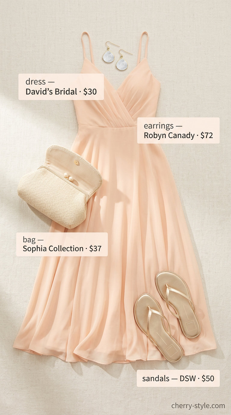Preppy summer pastel outfits for women 2026: Peach maxi dress, gold sandals, cream clutch, and statement earrings for resort dinner.