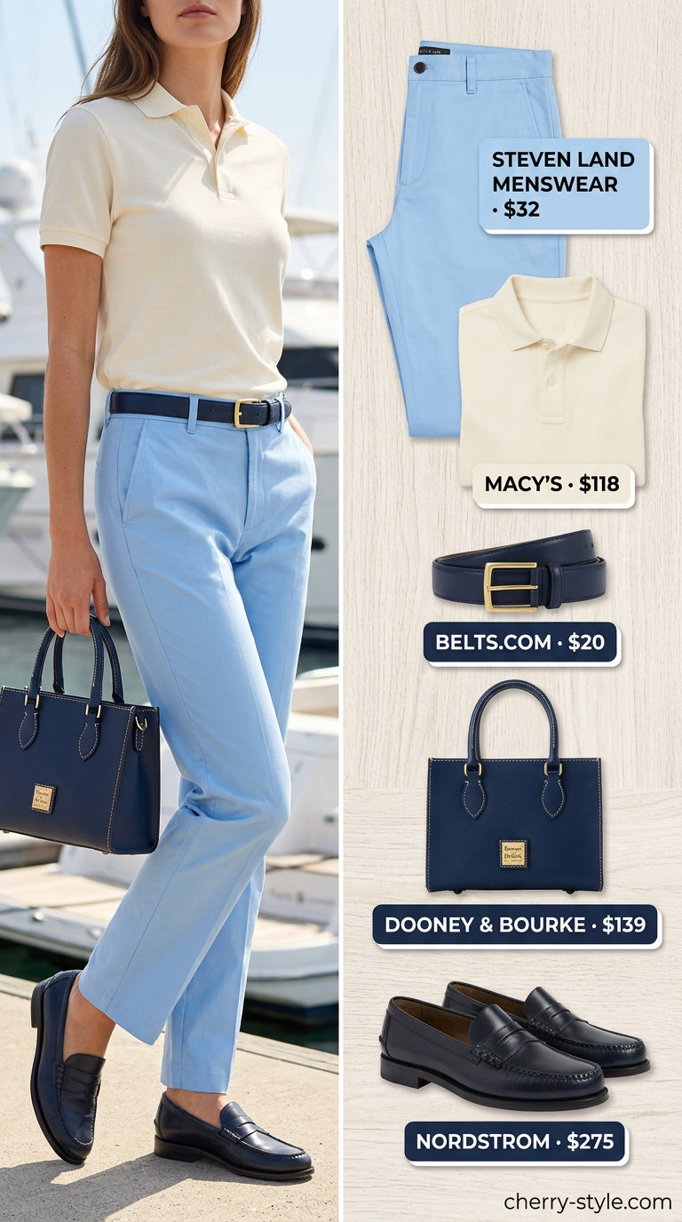 Preppy summer pastel outfits for women 2026: Sky blue chino pants, cream polo shirt, navy loafers, and crossbody bag for yacht club lunch.
