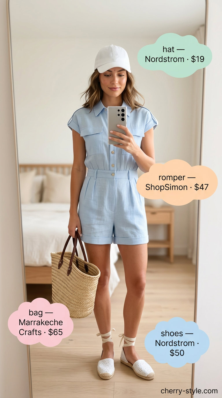 Preppy summer pastel outfits for women 2026: Sky blue romper, white espadrilles, baseball cap, and straw tote for country club lunch.