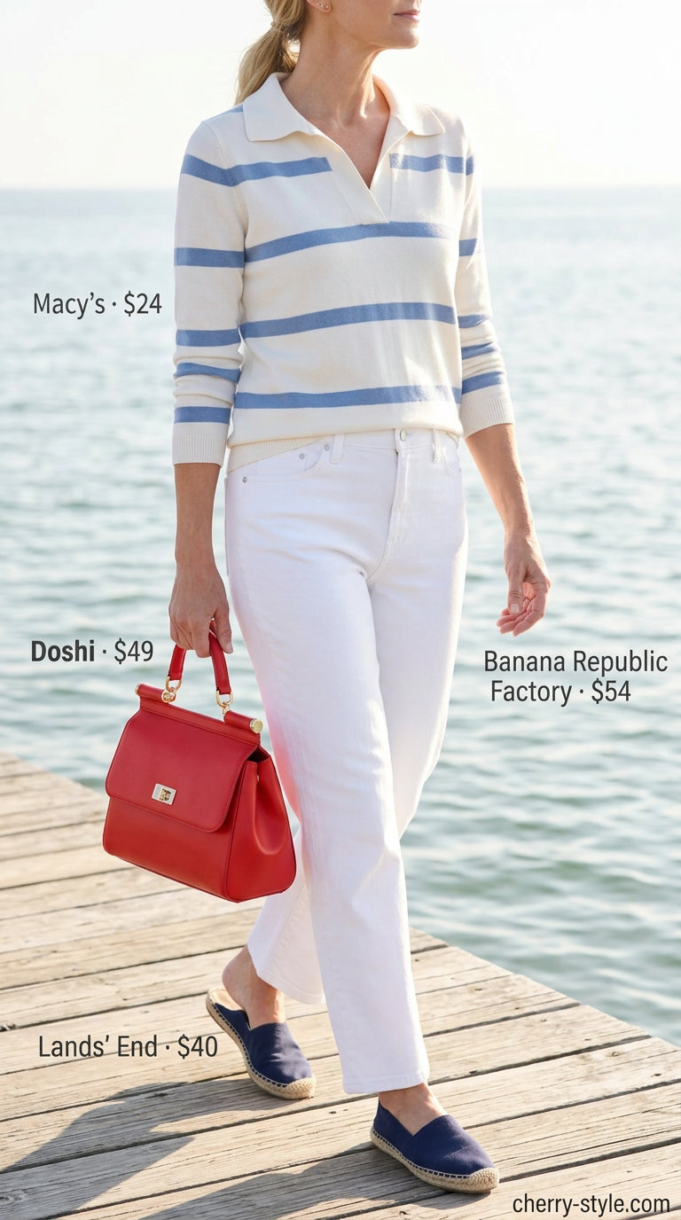 Preppy summer pastel outfits for women 2026: Striped sweater, white jeans, red bag, and espadrilles for a nautical theme.