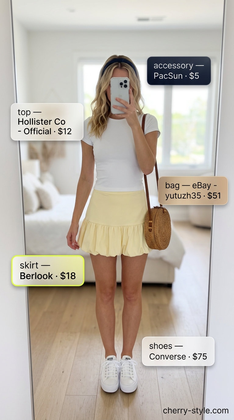 Preppy summer pastel outfits for women 2026: Pale yellow A-line skirt, white knit top, canvas sneakers, and rattan bag for a casual outing.