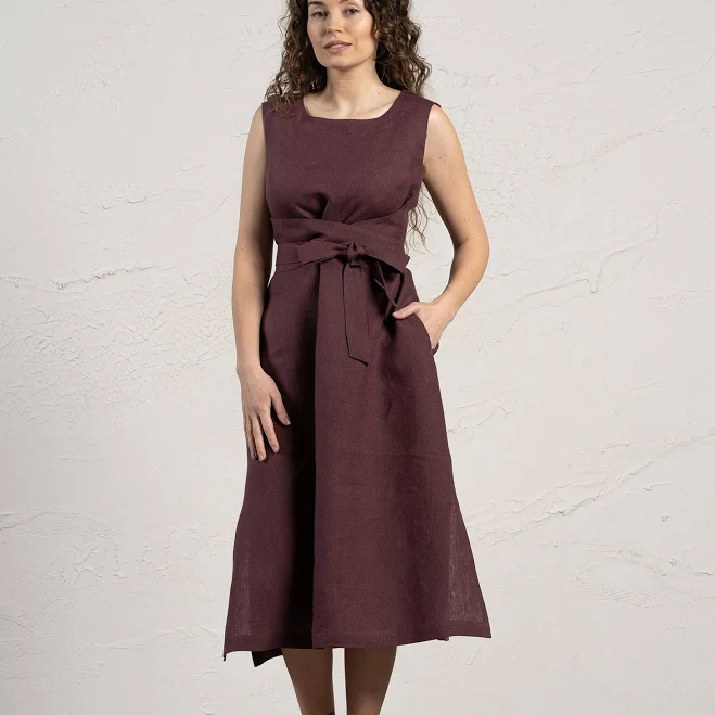 dress 100% European Linen Dress with Pockets - Wrap Dress, Linen Dress with Belt, Obi Dress - Cinnamon Red - Xs (menique) menique.com $139.95