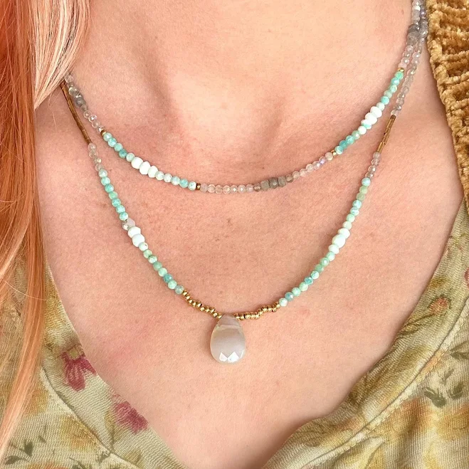 accessory 18K Gold Plated Layered Stacked Necklace with Moss Agate, Peruvian Opal, Etsy - Seller $75