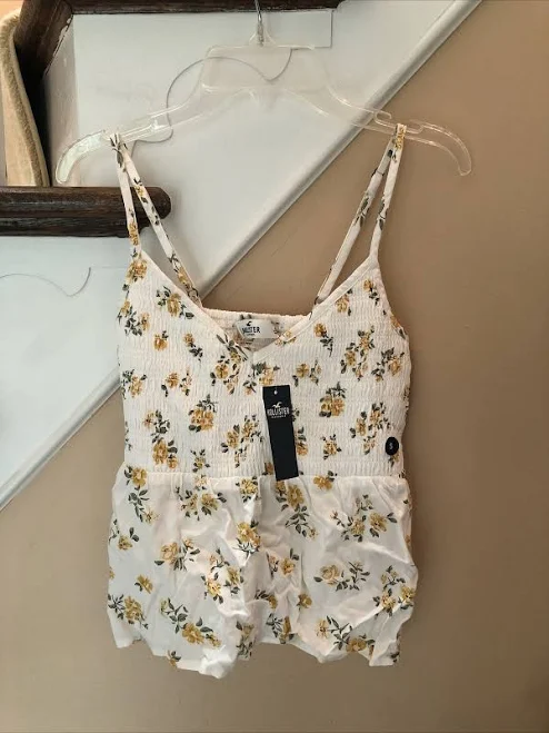 top $30 Hollister White Top Yellow Floral Print Spaghetti Strap Tank Top eBay - wendydeals4u $19.99