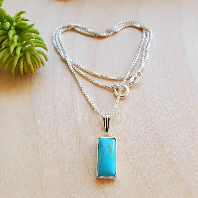 accessory 925ForHer Rectangle Turquoise Silver Box Chain Necklace Etsy - 925ForHer $29