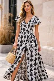 maxi dress Abstract Print Maxi Wrap Dress Black White Flutter Sleeve Boho Women Small eBay $38.88