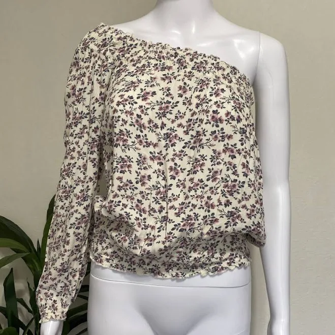 one shoulder top American Eagle Xs Rose Floral One Shoulder Top Smocked Stretch Cream eBay - rorosremix $12.7