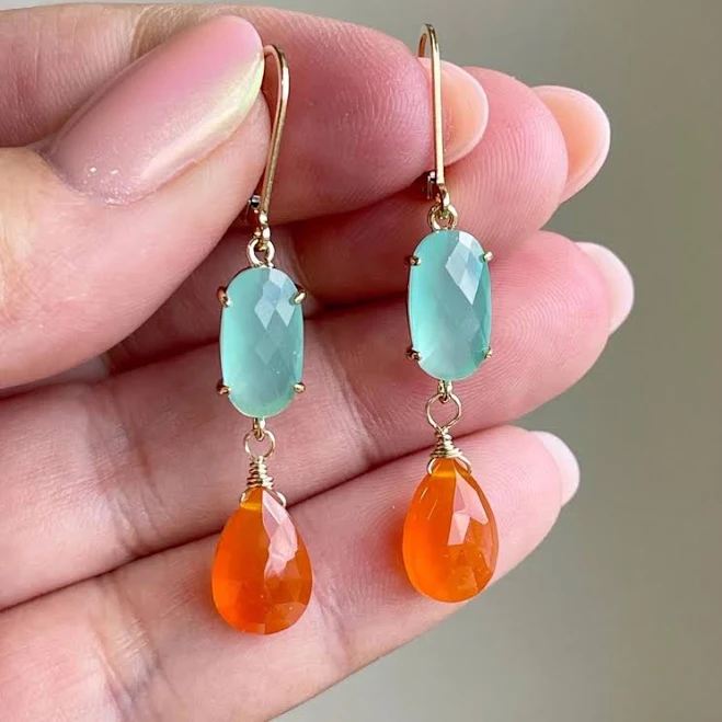 accessory Aqua Chalcedony and Carnelian Statement Earrings Etsy - YaniaJewelryNYC $64