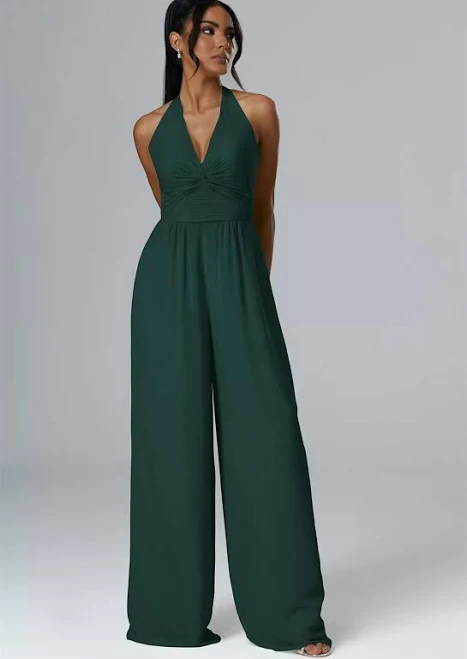jumpsuit AW.Bridal Bridesmaid Dresses Satin Jumpsuit Halter Neckline Floor Length Sleeveless Dress AW Bridal $89.99