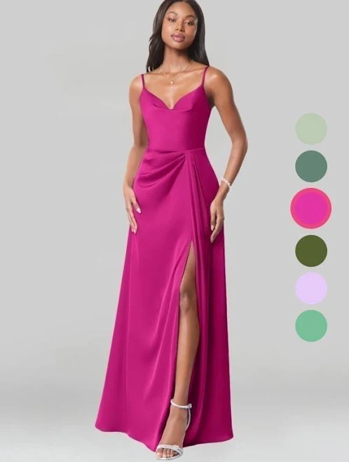 dress Azazie A-Line Cowl Floor-Length Stretch Satin Bridesmaid Dresses Azazie.com $99