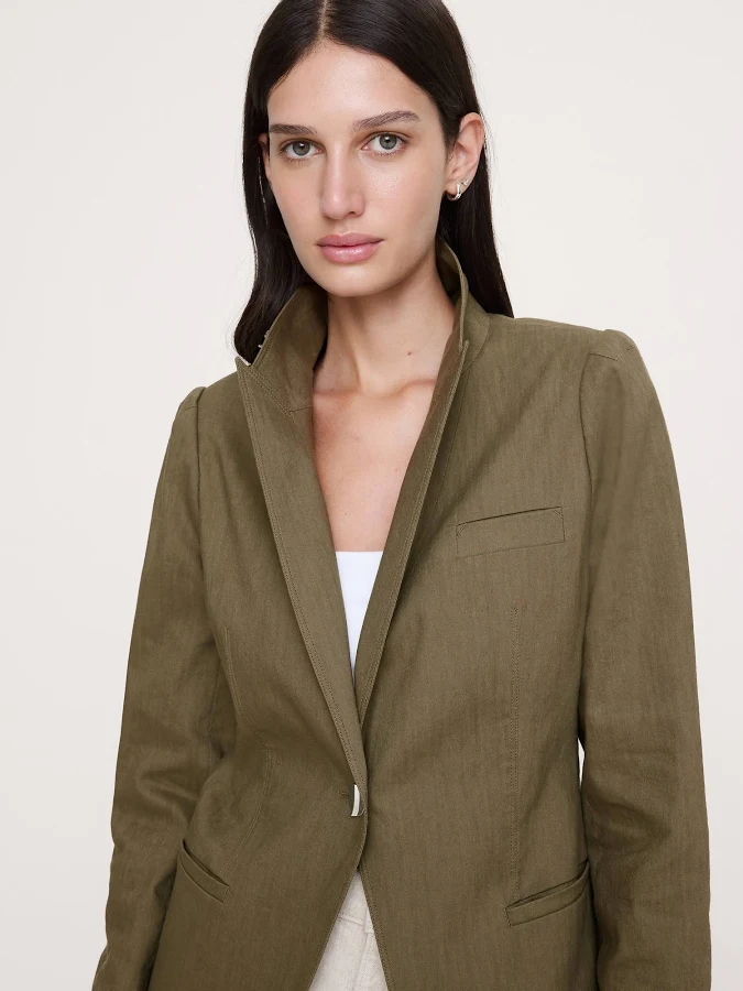 blazer Banana Republic Women's Stretch Linen-Viscose Long Blazer Olive Green Size 12 Banana Republic $250