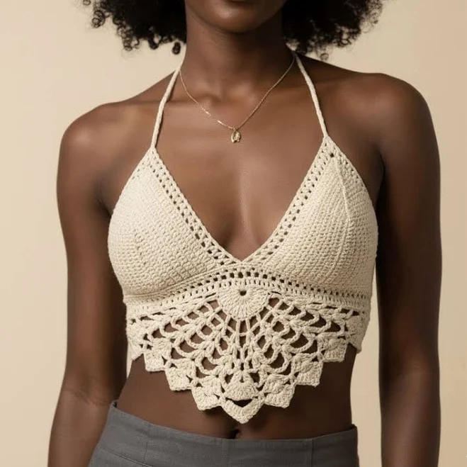 top Beautiful Handmade Cream Bikini Halter Top Knitting Crochet Crop Top eBay - kultural-vibez-llc $24.99