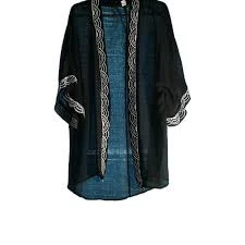 outerwear Black Sheer Chiffon Embroidered Open Kimono Elegant 3/4 Kimono Sleeve Women's eBay $23.5