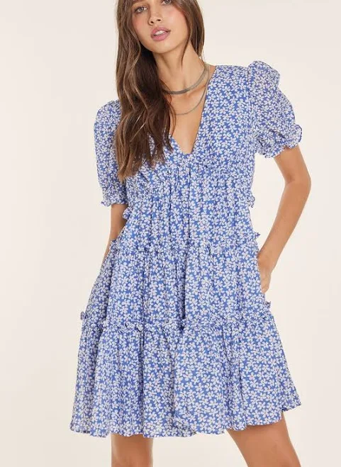 dress Blue Floral Puff Sleeve Babydoll Mini Dress PinkBlush Maternity $33