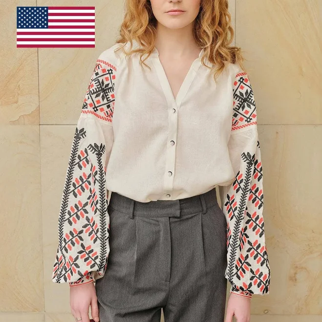 top Boho Natural White Linen Embroidered Blouse. Inspired by Vintage Chernihiv vyshyvanka. Size XXL ships from The USA Etsy - Seller $111.75