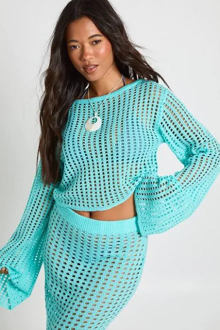 crop top Boohoo Women's Beach Flare Sleeve Crochet Top boohoo USA $18