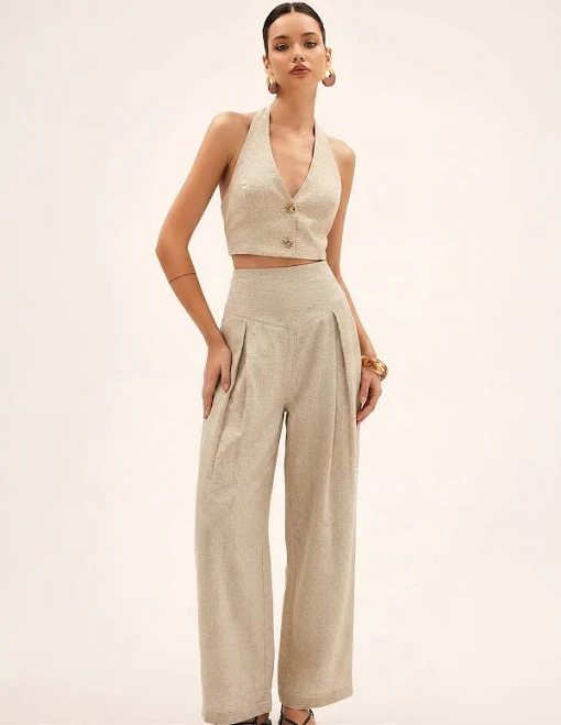 matching set Commense Linen Blend Halter Crop Top & Pants Set Commense $66