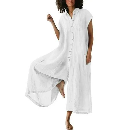 romper Cotton Linen Shirt Collar Short Sleeve Jumpsuit Walmart - ShomPort Clothing $17.99