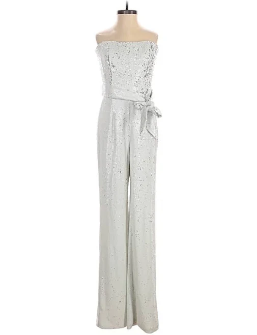 jumpsuit Dress the Population Jumpsuit Boatneck Sleeveless: Silver Metallic Pattern Jumpsuits - Women's Size XS, ThredUp ThredUp $35.5