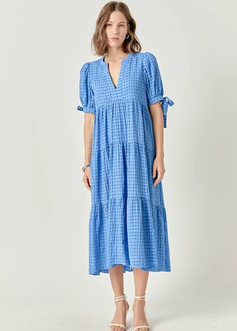 sundress English Factory Women's Gingham Tiered Midi Dress with Bow Tie Sleeves English Factory $63