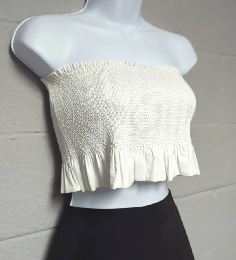 sleeveless top Express X Olivia Culpo Tube Top White Elastic Smocked Cropped Ruffle eBay - cynthasize $20