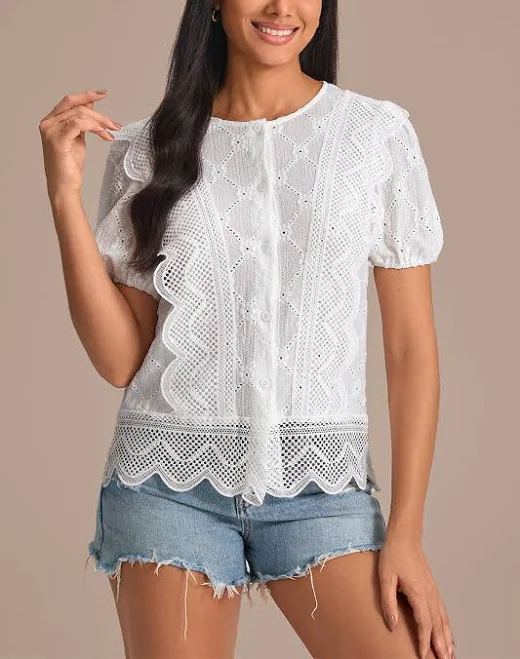 top Eyelet Round Neck Short Sleeve Blouse Petal Lush $25