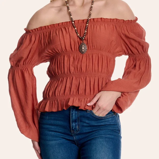 blouses Fashion Express Women's Off The Shoulder Smocked Bell Sleeve Top Cavender's Boot City Western Store $39