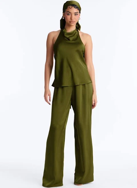 matching set Fashion Nova 3 Piece Set Halter Satin Halter Top Wide Leg Pant Set Fashion Nova $27.99