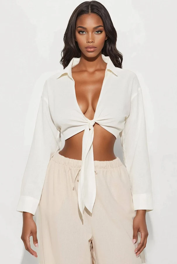 top Fashion Nova Alia Linen Tie Front Cropped Blouse Fashion Nova $19.99