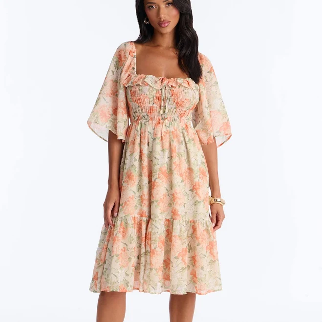 dress Fashion Nova Christina Floral Ruffle Tie Front Chiffon Midi Dress Fashion Nova $41.99
