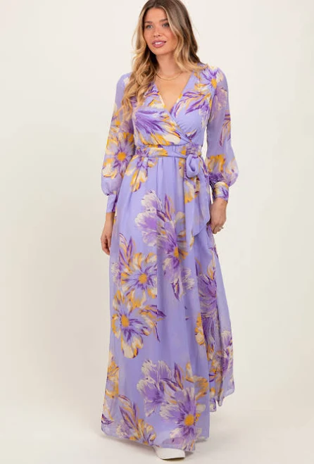 dress Floral Chiffon Maternity Wrap Maxi Dress with Sash Tie PinkBlush Maternity $55